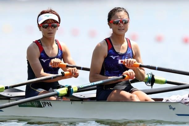 Chiaki Tomita and Ayami Oishi of Team Japan compete during the Lightweight Women's Double Sculls Heat 2 on day one of the Tokyo 2020 Olympic Games at...