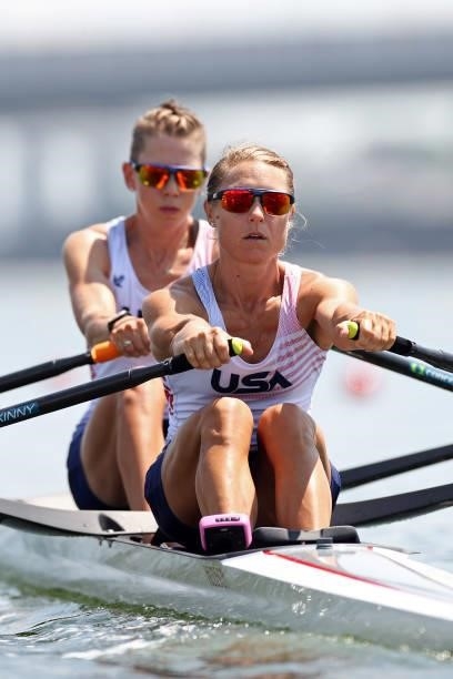 Mary Reckford and Michelle Sechser of Team United States compete during the Lightweight Women's Double Sculls Heat 1 on day one of the Tokyo 2020...