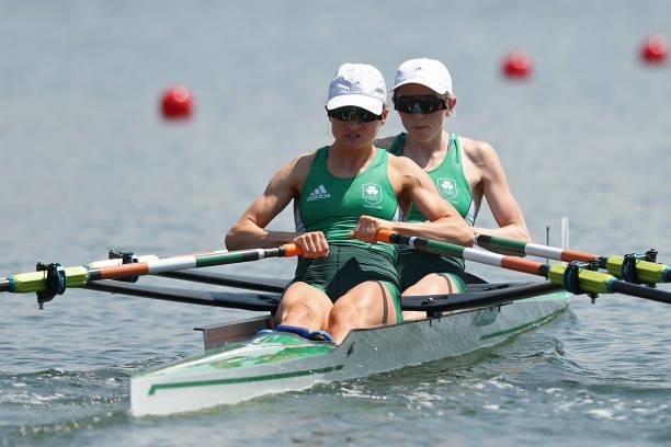 Margaret Cremen and Aoife Casey of Team Ireland compete during the Lightweight Women's Double Sculls Heat 1 on day one of the Tokyo 2020 Olympic...