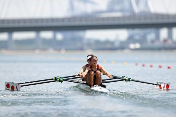 Ayami Oishi and Chiaki Tomita of Team Japan compete during the Lightweight Women's Double Sculls Heat 2 on day one of the Tokyo 2020 Olympic Games at...