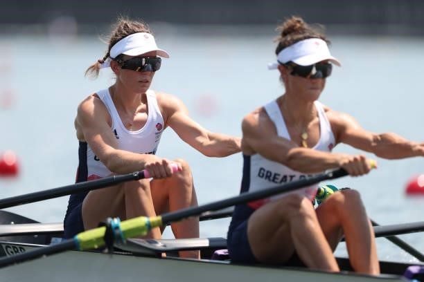 Emily Craig and Imogen Grant of Team Great Britain compete during the Lightweight Women's Double Sculls Heat 3 on day one of the Tokyo 2020 Olympic...