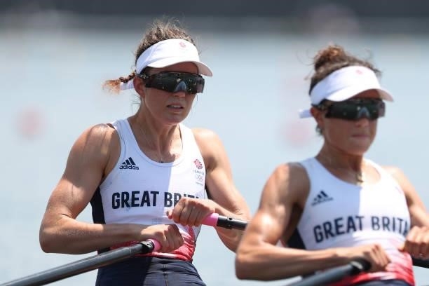 Emily Craig and Imogen Grant of Team Great Britain compete during the Lightweight Women's Double Sculls Heat 3 on day one of the Tokyo 2020 Olympic...