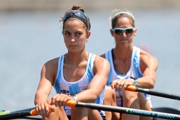 Evelyn Maricel Silvestro and Milka Kraljev of Team Argentina compete during the Lightweight Women's Double Sculls Heat 3 on day one of the Tokyo 2020...