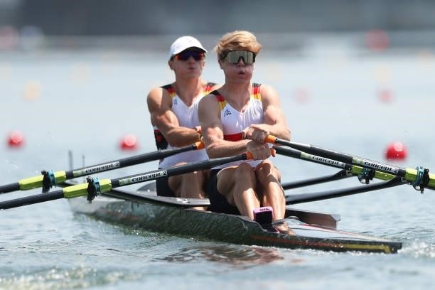 Jonathan Rommelmann and Jason Osborne of Team Germany compete during the Lightweight Men's Double Sculls Heat 1 on day one of the Tokyo 2020 Olympic...