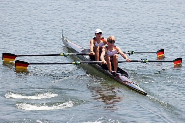 Jonathan Rommelmann and Jason Osborne of Team Germany compete during the Lightweight Men's Double Sculls Heat 1 on day one of the Tokyo 2020 Olympic...
