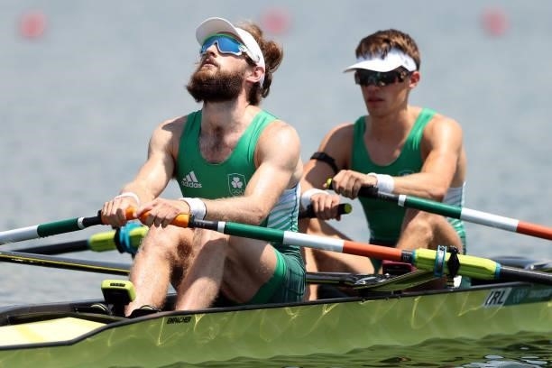Paul O'Donovan and Fintan McCarthy of Team Ireland wait prior to the Lightweight Men's Double Sculls Heat 2 on day one of the Tokyo 2020 Olympic...
