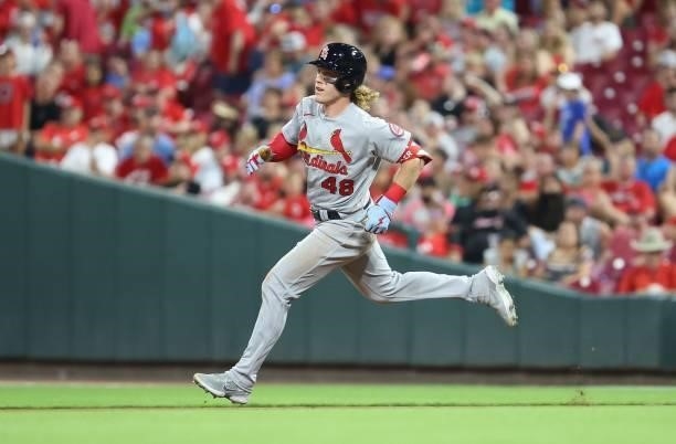 Harrison Bader of the St. Louis Cardinals runs to second base for a double against the Cincinnati Reds in the sixth inning at Great American Ball...