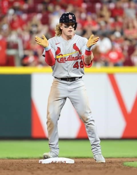 Harrison Bader of the St. Louis Cardinals celebrates after hitting a double against the Cincinnati Reds in the sixth inning at Great American Ball...