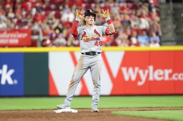 Harrison Bader of the St. Louis Cardinals celebrates after hitting a double against the Cincinnati Reds in the sixth inning at Great American Ball...