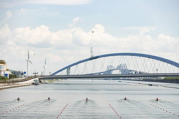 General view of the Lightweight Men's Double Sculls Heat 1 on day one of the Tokyo 2020 Olympic Games at Sea Forest Waterway on July 24, 2021 in...