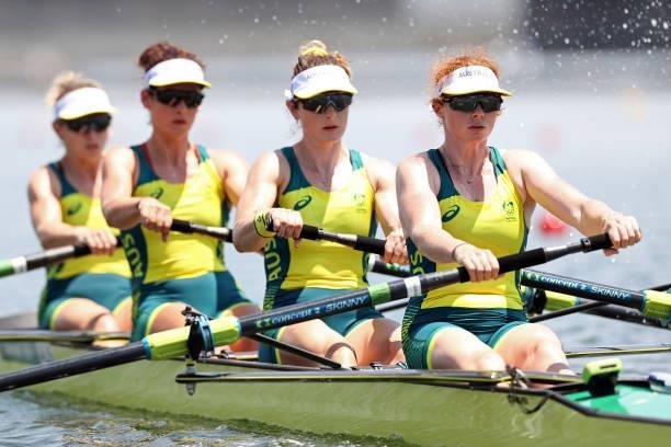 Lucy Stephan, Rosemary Popa, Jessica Morrison and Annabelle McIntyre of Team Australia compete during the Women's Four Heat 2 on day one of the Tokyo...