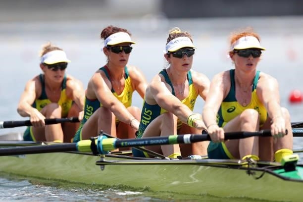 Lucy Stephan, Rosemary Popa, Jessica Morrison and Annabelle McIntyre of Team Australia compete during the Women's Four Heat 2 on day one of the Tokyo...