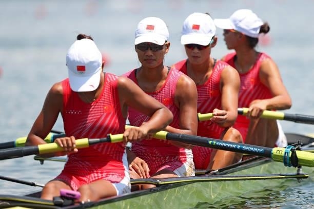 Shiyu Lu, Miaomiao Qin, Fei Wang and Xinyu Lin of Team China compete during the Women's Four Heat 1 on day one of the Tokyo 2020 Olympic Games at Sea...