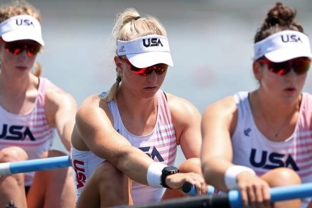 Madeleine Wanamaker, Claire Collins and Kendall Chase of Team United States compete during the Women's Four Heat 2 on day one of the Tokyo 2020...