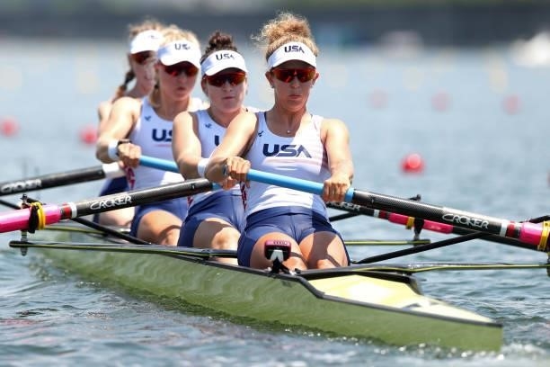 Madeleine Wanamaker, Claire Collins, Kendall Chase and Grace Luczak of Team United States compete during the Women's Four Heat 2 on day one of the...