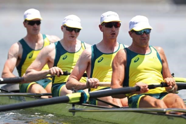 Alexander Purnell, Spencer Turrin, Jack Hargreaves and Alexander Hill of Team Australia compete during the Men's Four Heat 1 on day one of the Tokyo...