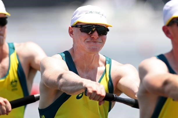 Spencer Turrin of Team Australia competes during the Men's Four Heat 1 on day one of the Tokyo 2020 Olympic Games at Sea Forest Waterway on July 24,...