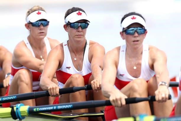 Christine Roper, Andrea Proske and Susanne Grainger of Team Canada compete during the Women's Eight Heat 1 on day one of the Tokyo 2020 Olympic Games...