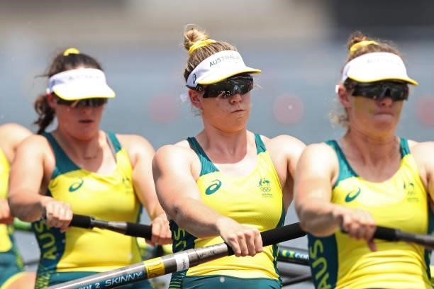 Sarah Hawe of Team Australia competes during the Women's Eight Heat 2 on day one of the Tokyo 2020 Olympic Games at Sea Forest Waterway on July 24,...