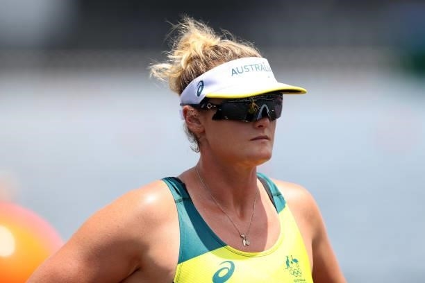 Georgina Rowe of Team Australia awaits the start of the Women's Eight Heat 2 on day one of the Tokyo 2020 Olympic Games at Sea Forest Waterway on...