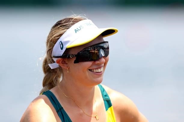 Katrina Werry of Team Australia awaits the start of the Women's Eight Heat 2 on day one of the Tokyo 2020 Olympic Games at Sea Forest Waterway on...