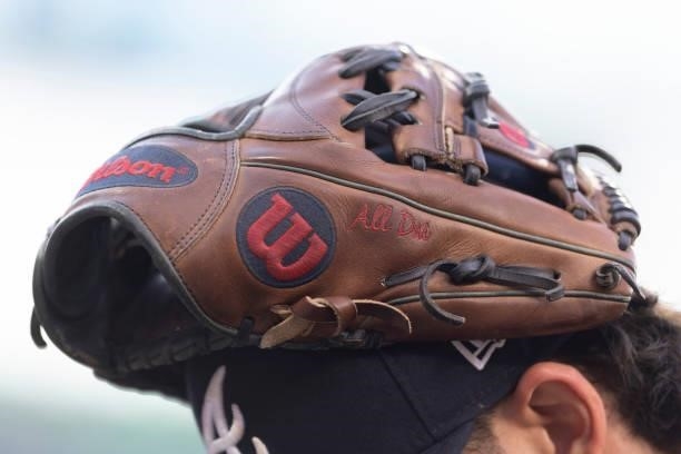 Detailed view of the glove of Dansby Swanson of the Atlanta Braves prior to the game against the Philadelphia Phillies at Citizens Bank Park on July...