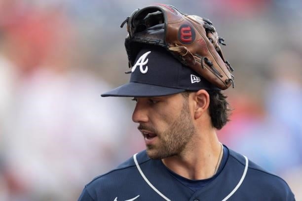Dansby Swanson of the Atlanta Braves looks on prior to the game against the Philadelphia Phillies at Citizens Bank Park on July 23, 2021 in...
