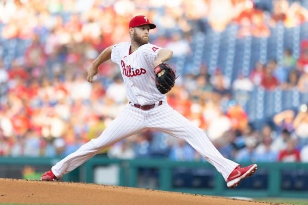 Zack Wheeler of the Philadelphia Phillies throws a pitch against the Atlanta Braves at Citizens Bank Park on July 23, 2021 in Philadelphia,...