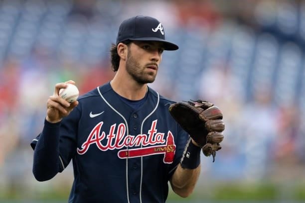 Dansby Swanson of the Atlanta Braves warms up prior to the game against the Philadelphia Phillies at Citizens Bank Park on July 23, 2021 in...