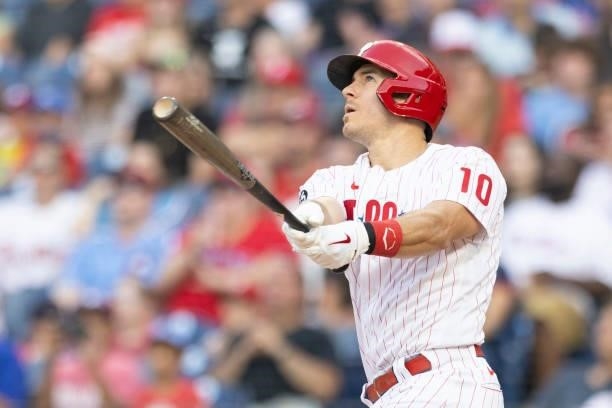 Realmuto of the Philadelphia Phillies hits a solo home run in the bottom of the first inning against the Atlanta Braves at Citizens Bank Park on July...