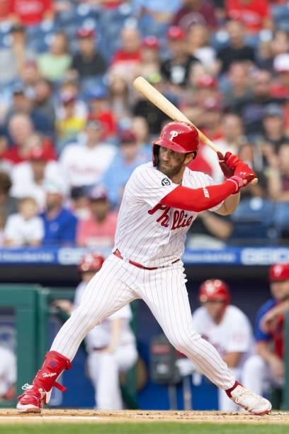 Bryce Harper of the Philadelphia Phillies bats against the Atlanta Braves at Citizens Bank Park on July 23, 2021 in Philadelphia, Pennsylvania. The...