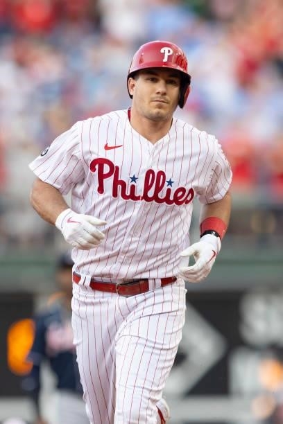 Realmuto of the Philadelphia Phillies rounds the bases after hitting a solo home run in the bottom of the first inning against the Atlanta Braves at...