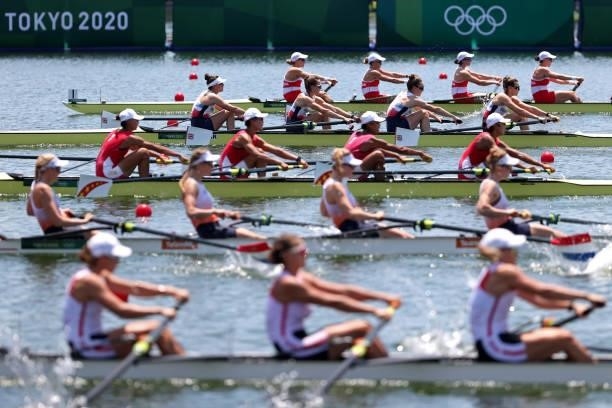 General view of the Women's Four Heat 1 on day one of the Tokyo 2020 Olympic Games at Sea Forest Waterway on July 24, 2021 in Tokyo, Japan.