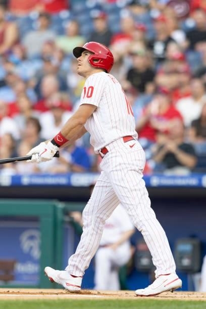 Realmuto of the Philadelphia Phillies hits a solo home run in the bottom of the first inning against the Atlanta Braves at Citizens Bank Park on July...