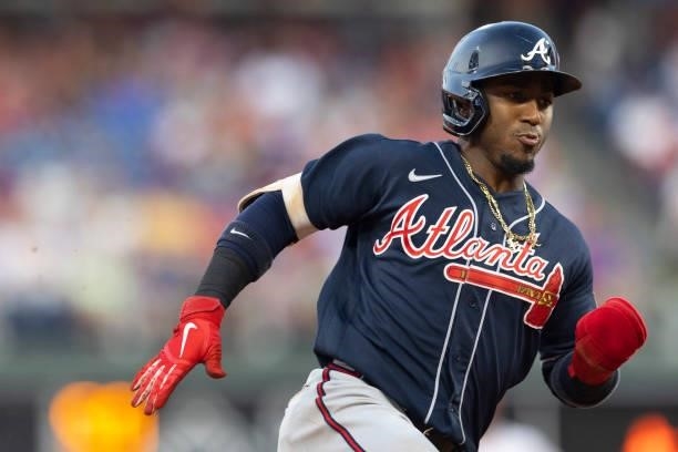 Ozzie Albies of the Atlanta Braves runs to third base against the Philadelphia Phillies at Citizens Bank Park on July 23, 2021 in Philadelphia,...