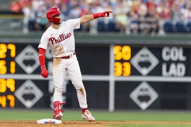Bryce Harper of the Philadelphia Phillies reacts against the Atlanta Braves at Citizens Bank Park on July 23, 2021 in Philadelphia, Pennsylvania. The...
