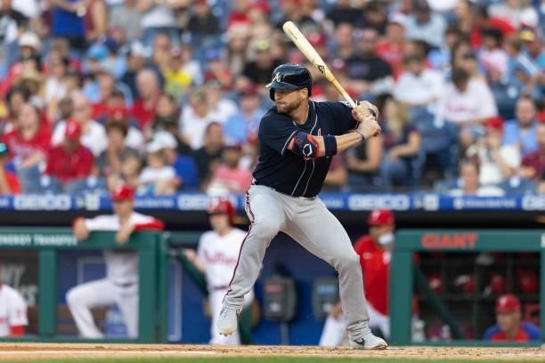 Stephen Vogt of the Atlanta Braves bats against the Philadelphia Phillies at Citizens Bank Park on July 23, 2021 in Philadelphia, Pennsylvania. The...