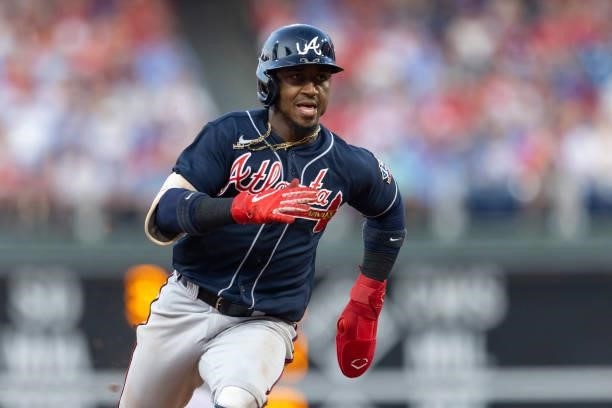 Ozzie Albies of the Atlanta Braves runs to third base against the Philadelphia Phillies at Citizens Bank Park on July 23, 2021 in Philadelphia,...