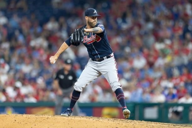 Shane Greene of the Atlanta Braves throws a pitch against the Philadelphia Phillies at Citizens Bank Park on July 23, 2021 in Philadelphia,...
