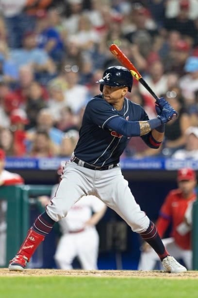 Ehire Adrianza of the Atlanta Braves bats against the Philadelphia Phillies at Citizens Bank Park on July 23, 2021 in Philadelphia, Pennsylvania. The...