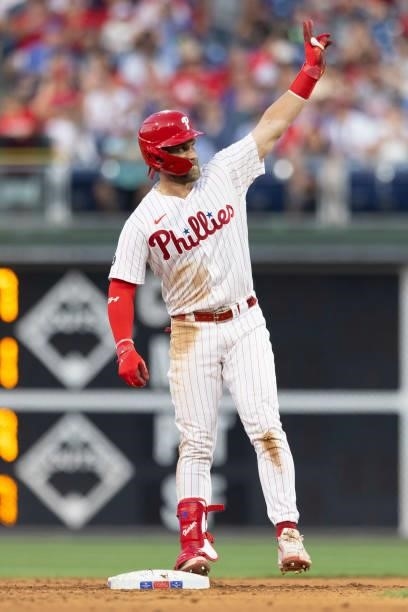Bryce Harper of the Philadelphia Phillies reacts against the Atlanta Braves at Citizens Bank Park on July 23, 2021 in Philadelphia, Pennsylvania. The...