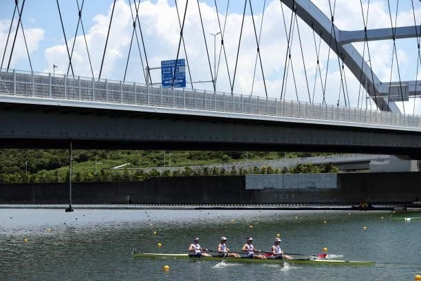 Andrew Reed, Anders Weiss, Michael Grady and Clarks Dean of Team United States compete during the Men's Four Heat 1 on day one of the Tokyo 2020...