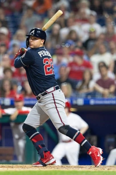 Joc Pederson of the Atlanta Braves bats against the Philadelphia Phillies at Citizens Bank Park on July 23, 2021 in Philadelphia, Pennsylvania. The...