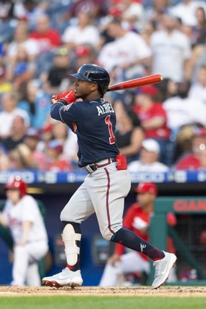 Ozzie Albies of the Atlanta Braves bats against the Philadelphia Phillies at Citizens Bank Park on July 23, 2021 in Philadelphia, Pennsylvania. The...