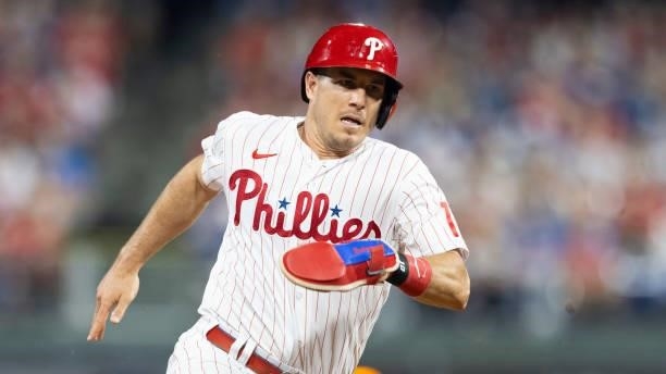 Realmuto of the Philadelphia Phillies runs to third base against the Atlanta Braves at Citizens Bank Park on July 23, 2021 in Philadelphia,...