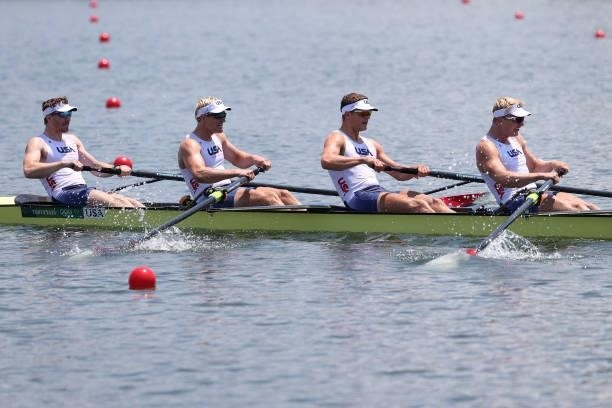 Andrew Reed, Anders Weiss, Michael Grady and Clarks Dean of Team United States compete during the Men's Four Heat 1 on day one of the Tokyo 2020...