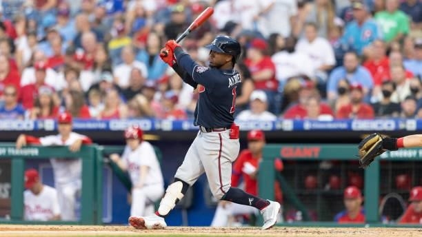 Ozzie Albies of the Atlanta Braves bats against the Philadelphia Phillies at Citizens Bank Park on July 23, 2021 in Philadelphia, Pennsylvania. The...
