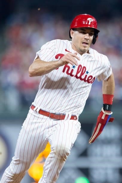 Realmuto of the Philadelphia Phillies runs to third base against the Atlanta Braves at Citizens Bank Park on July 23, 2021 in Philadelphia,...
