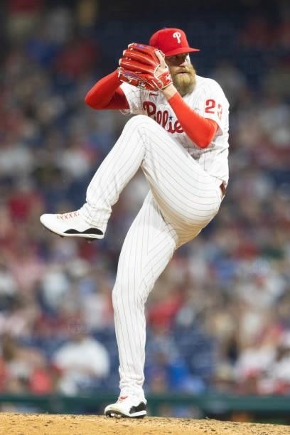 Archie Bradley of the Philadelphia Phillies throws a pitch against the Atlanta Braves at Citizens Bank Park on July 23, 2021 in Philadelphia,...