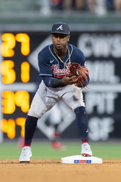 Ozzie Albies of the Atlanta Braves catches the ball against the Philadelphia Phillies at Citizens Bank Park on July 23, 2021 in Philadelphia,...